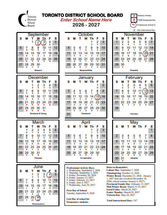 TDSB Calendar 2026-27